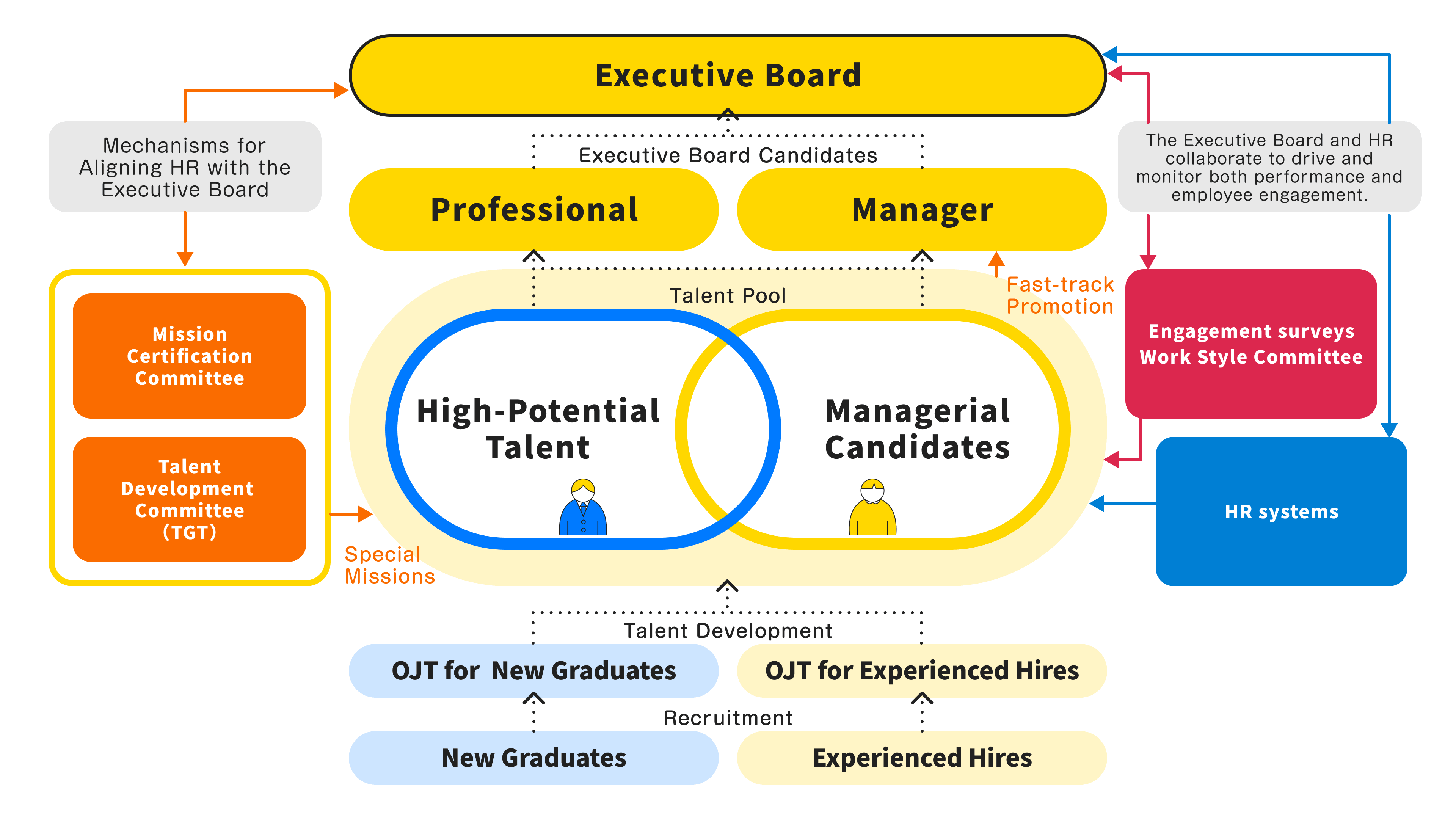 A flowchart illustrating the alignment of the talent development process with HR initiatives, showing the progression from recruitment to the executive board, alongside supporting HR committees and systems.
