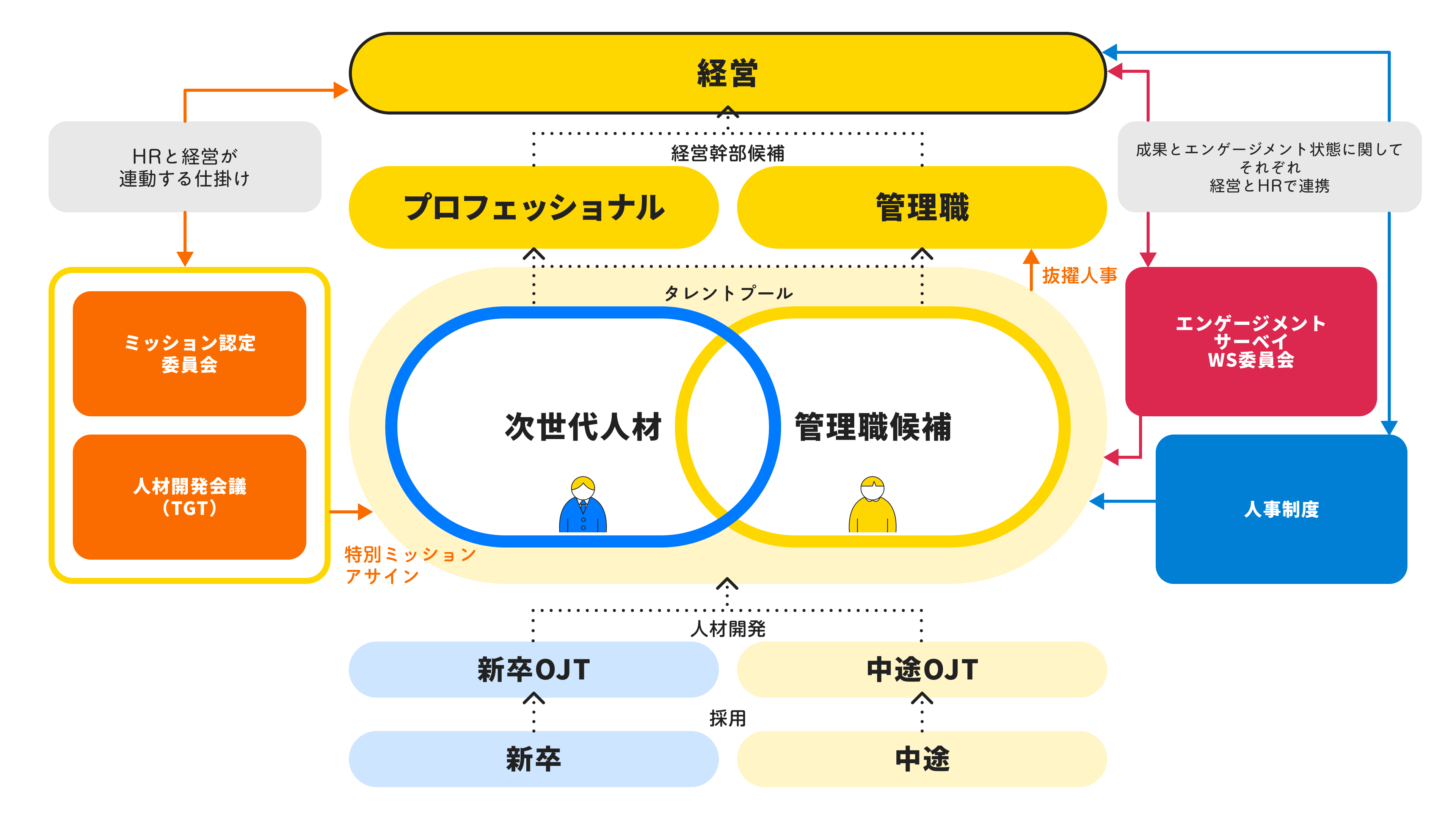 人材育成プロセスと人事施策の連携フローチャート。採用から経営陣に至るまでの人材育成パイプラインと、それを支える各種委員会・人事システムの相関図。